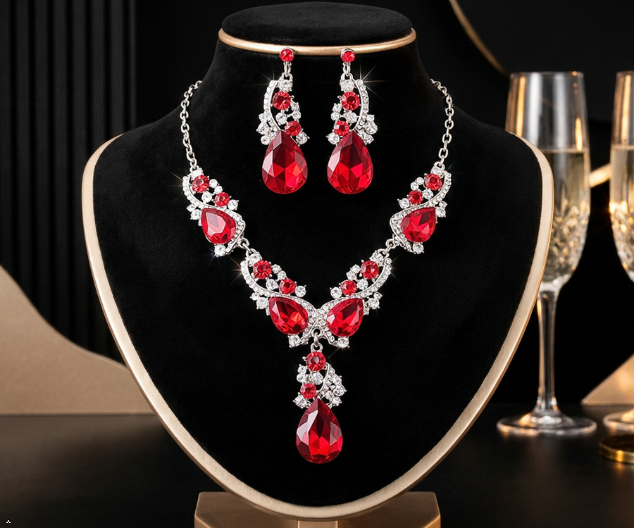 💎 Elegant Earrings & Necklace Set 💥 97 AED  (Blue-Red-Green)