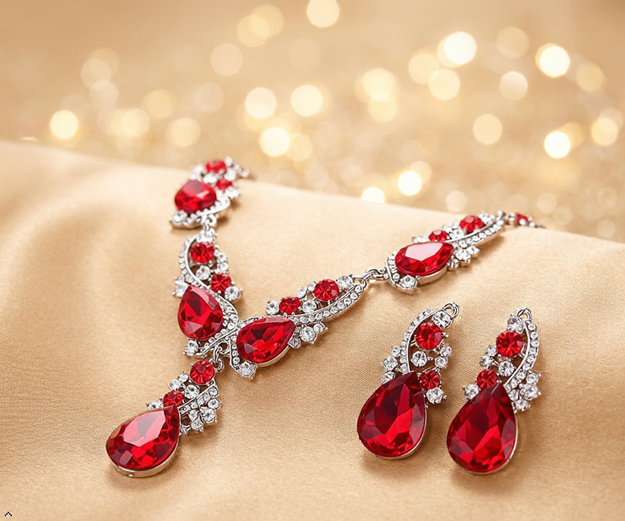 💎 Elegant Earrings & Necklace Set 💥 97 AED  ( Red )
